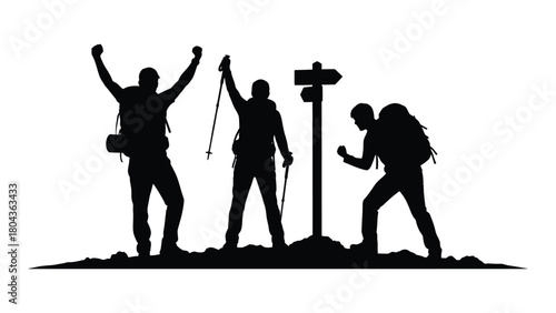 Hikers at summit silhouette isolated on white background, Vector