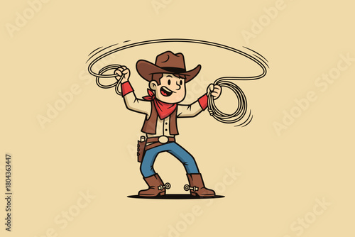 Cartoon Cowboy Character Swinging a Lasso Ready to Rope.