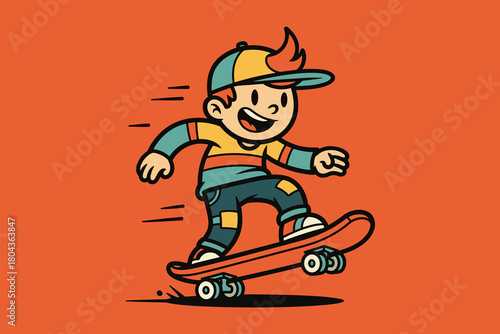 Happy cartoon boy riding a skateboard with speed lines.