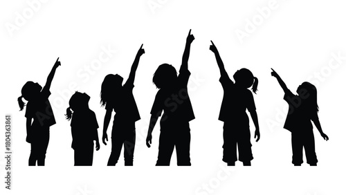Children silhouettes pointing up isolated on white background, Vector