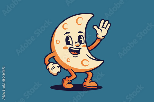 Retro Cartoon Moon Character Waving Hello.