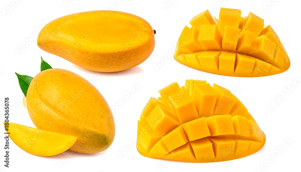Fototapeta premium Four views of fresh mangoes; whole, diced, with leaves, and cut slices