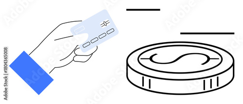 Hand holding a credit card near a coin symbolizing electronic payments. Ideal for finance, banking, e-commerce, fintech, digital wallets, savings, investments concepts. Clean simple flat metaphor