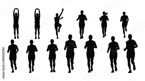 Running and stretching people silhouettes isolated on white background, Vector