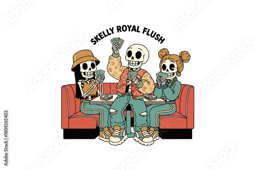 Three Skeletons Playing Poker on a Couch.
