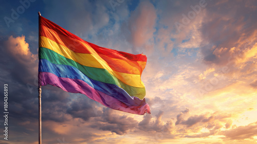 Rainbow pride flag waving against dramatic sunset sky with colorful clouds and warm light