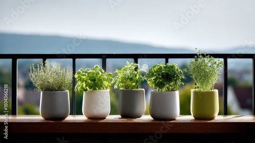 A row of vibrant potted herbs sits on a balcony railing. Fresh greenery in minimalist pots creates a modern urban garden scene with basil, parsley, and more.