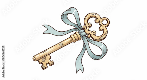 Ornate golden vintage key with delicate blue ribbon bow, symbolizing secrets and ancient mysteries and access