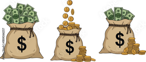 Three sacks of money and coins isolated on transparent background
