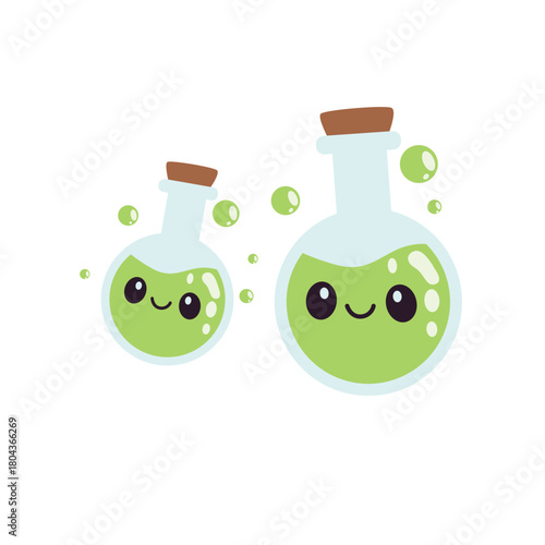 Cute green beakers icon, suitable for science class, lab safety, or illustrating friendly, engaging chemistry education visually.