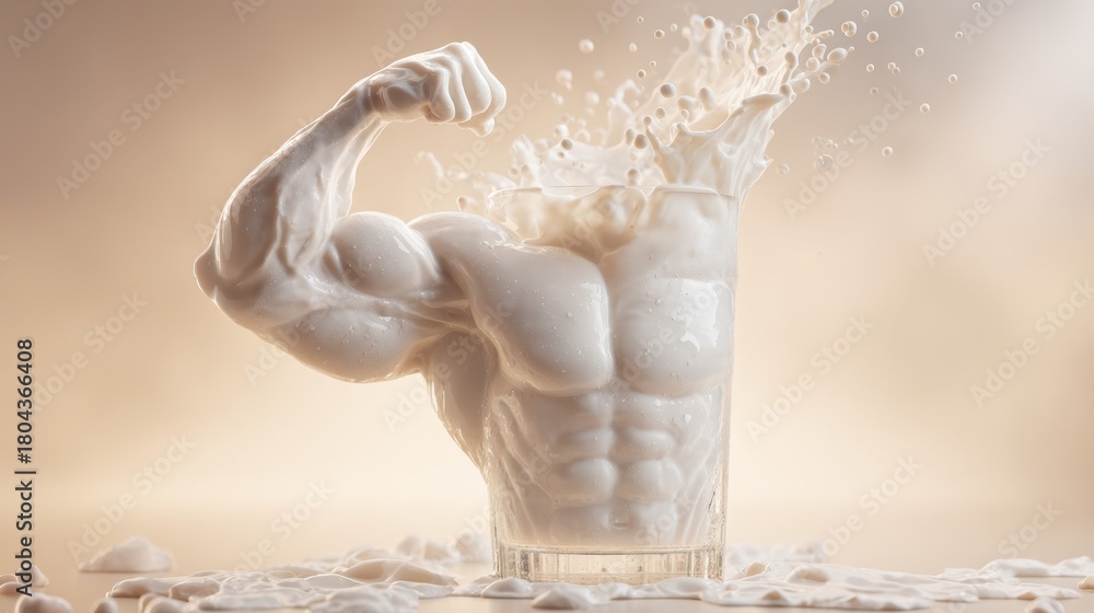 Obraz premium A glass of milk transforms into a muscular arm and torso, symbolizing strength and nutrition. This surreal image highlights the power and protein benefits of milk.