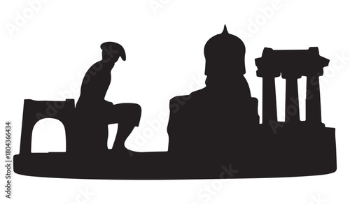  Silhouette of a seated figure and ancient architectural structures against a white background