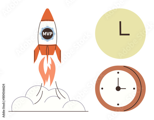 Rocket labeled MVP launching with smoke, paired with analog and digital clocks. Ideal for innovation, startup growth, time optimization, project management, deadline planning, efficiency, simple flat