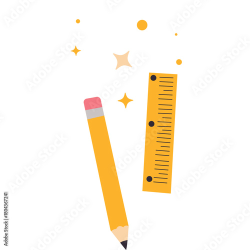 Pencil and ruler with sparkles icon, great for creative assignments, art projects, or illustrating fun learning in schools.