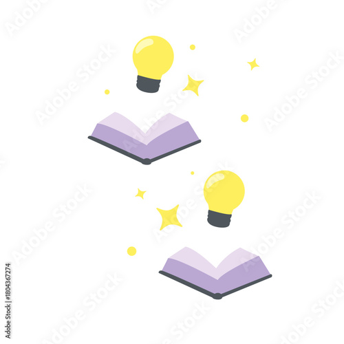 Open books with sparkling lightbulbs icon, perfect for inspiring reading, discovery, or illustrating educational enlightenment visually.