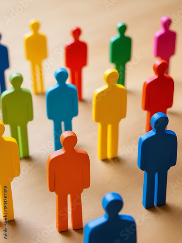 Colorful figurines representing diverse population. Colorful figures stand together demographic study. Analysis of cultural integration, demographic change presented in close-up image. Sociological