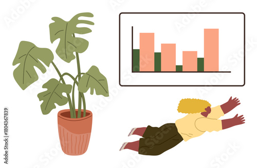 Person reaching toward a bar chart with upward growth, next to a large leafy plant. Ideal for themes thumbs up success, ambition, growth, analytics, personal development, creativity focus. A simple