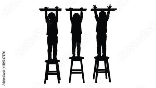 Children silhouettes reaching up isolated on white background, Vector