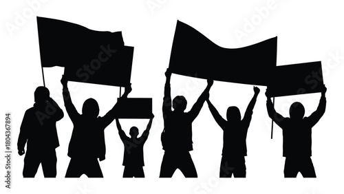 Protesting crowd silhouettes with banners isolated on white background, Vector