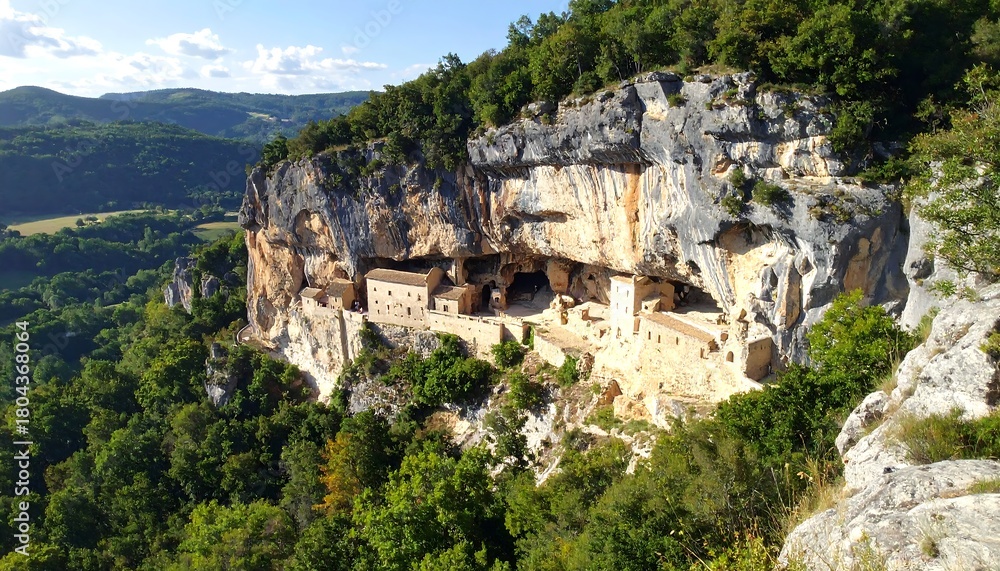 Fototapeta premium A scenic panoramic image shows an ancient dwelling carved into the side of a cliff face overlooking a lush green valley