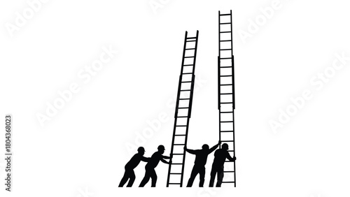 Teamwork raising ladders silhouette isolated on white background, Vector