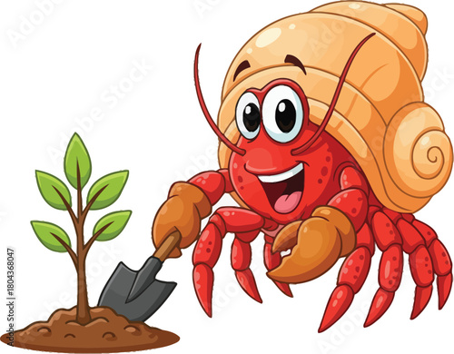 Funny cartoon crab character with a stick, vector illustration of a happy sea animal design