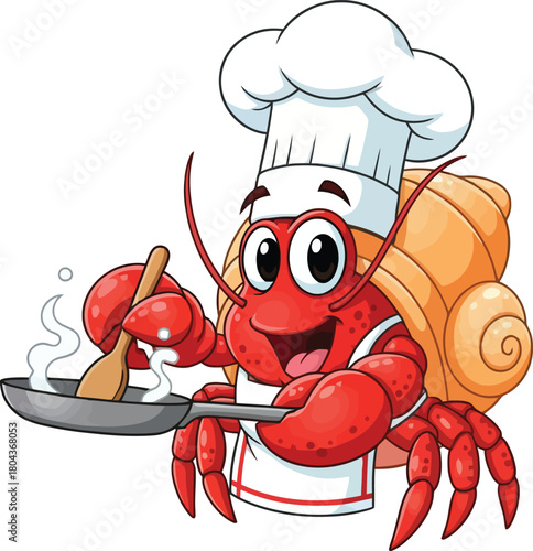 Cartoon chef character illustration design with lobster, vector art drawing of a crab cooking gourmet Italian pizza and meal