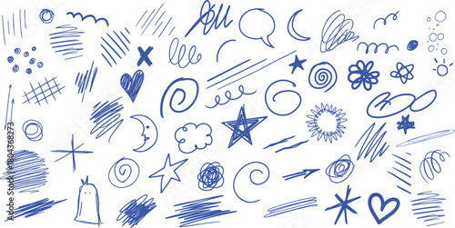 Blue pen scribble and doodle collection. Blue pen lines, arrows and scribbles at grid notebook background. Crayon drawn note doodles for hand drawn diagram, infographic and journaling.