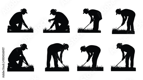 Gardening and weeding silhouettes isolated on white background, Vector