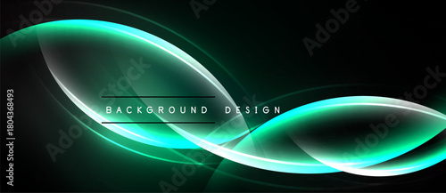 Dark background features flowing green light shapes. Abstract design creates modern visual effect. Smooth curves suggest movement, energy.