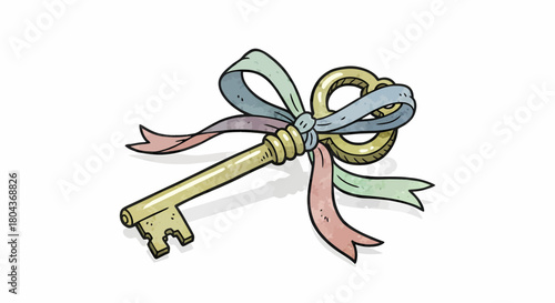 Golden vintage key with a colorful ribbon bow tied around its bow, symbolizing access, opportunity, and celebration