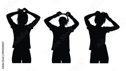 Woman tying hair silhouettes isolated on white background, Vector