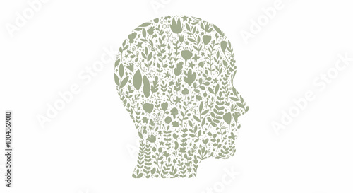 Floral Mind Head Profile Filled with Botanical Illustration for Natural Thinking
