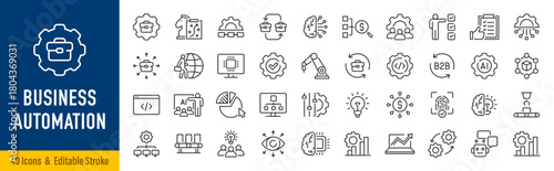 Business automation web icons in line style. AI integration, finance automation, data analytics, business model, cloud, infographic. Editable stroke. Vector illustration.