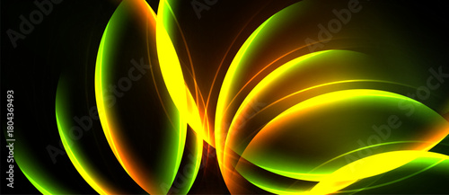 Abstract design features vibrant glowing curves. Yellow, green, orange hues blend against dark background. Dynamic, flowing shapes create energy.