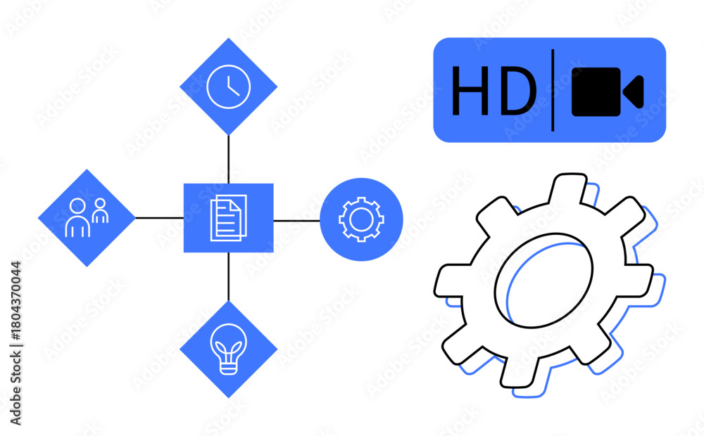 Fototapeta premium Workflow diagram with connected icons for team, clock, document, gear, bulb, and HD video. Ideal for project planning, teamwork, time management innovation efficiency media simple flat metaphor
