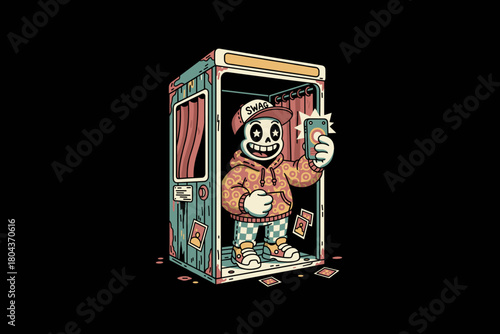 Skeletal character taking a selfie in a photo booth.