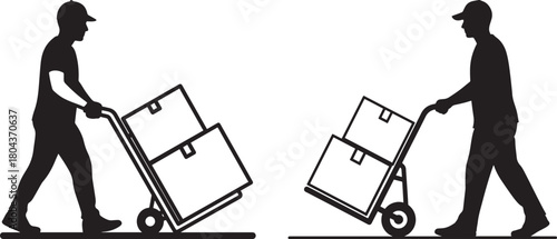 Two delivery workers pushing carts with boxes silhouette