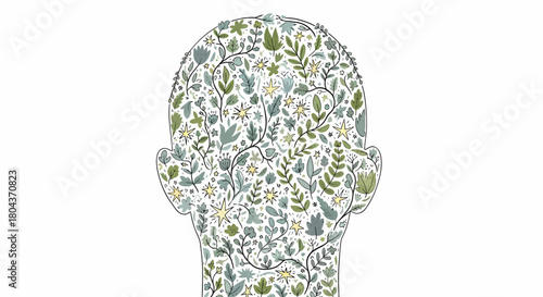 Exploring the verdant concept of a mind intertwined with nature, symbolizing organic growth and mental well-being