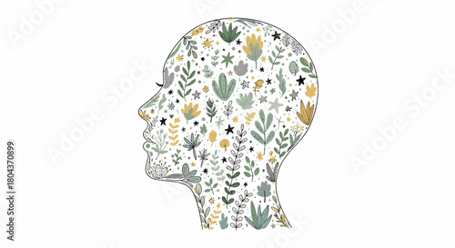 Profile of a human head silhouette filled with blooming flowers representing mental wellness
