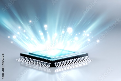 Illuminating the Future: A close-up view of a high-tech processor emits radiant beams of energy, symbolizing the power of technological advancement and innovation.