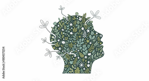 Mindful Growth Concept Abstract Silhouette of a Human Head Filled with Lush Greenery and Sprouts