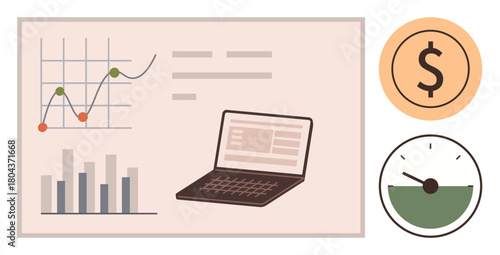 Graphs, data points, and bar charts on board beside laptop, dollar icon, and gauge meter. Ideal for analytics, business, planning finance budgeting productivity efficiency. Modern flat metaphor