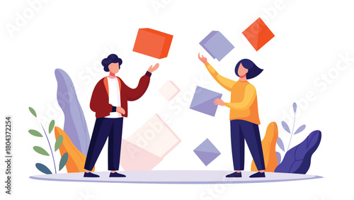 Modern digital illustration depicting two diverse coworkers engaged in a collaborative discussion possibly brainstorming ideas or problem solving in a professional office environment