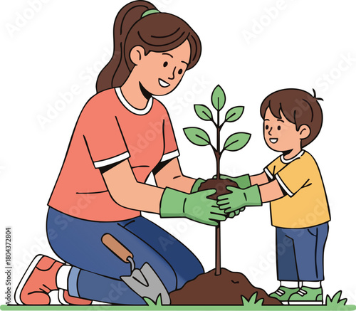 A caring mother and her young son planting a small tree together outdoors in the garden.