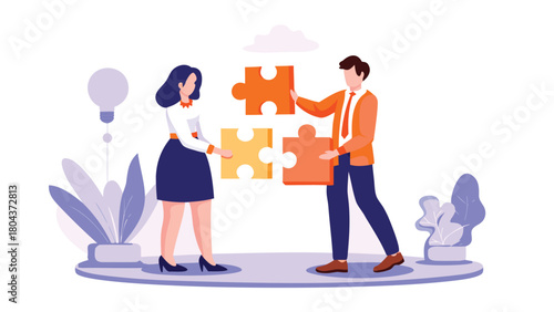 Two creative individuals collaborating and combining ideas in a flat design illustration representing teamwork and innovation
