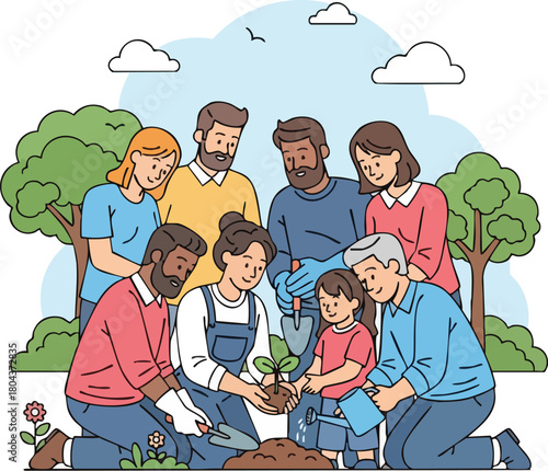 Group of people planting a tree together, promoting environmental awareness.