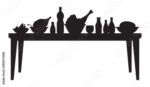  Silhouette of a table laden with bottles pitchers and bowls against a white background