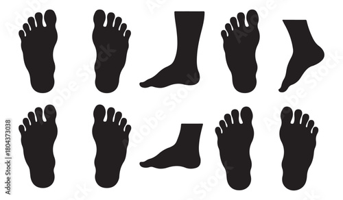  Collection of black silhouette footprints and bare feet shown from different angles