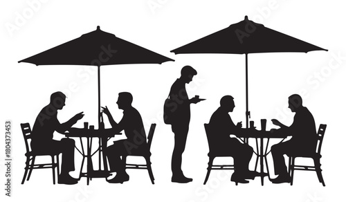  Silhouettes of people dining and being served at outdoor cafe tables under umbrellas